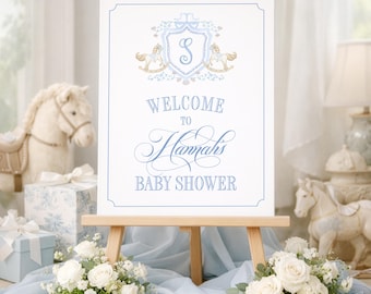 Rocking Horse Baby Shower Welcome Sign - Blue and White (Printable)