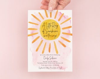 Pink Sunshine Baby Shower Invitation - A Little Ray of Sunshine - My Sunshine - Boho Sunshine Printed
