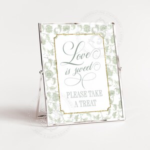 El amor es dulce, por favor, llévate un regalo. Letrero para despedida de soltera Sage Toile Chinoiserie, imprimible, 8 x 10