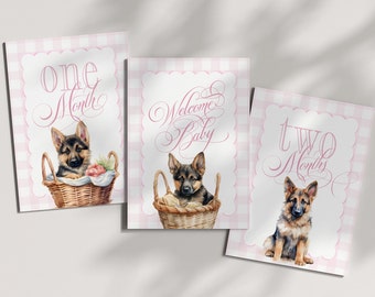 Girl Milestone Cards Printable with German Shepherds - Baby Shower Gift - Baby Month Cards - Keepsake Memories - Classic Baby Girl Gingham