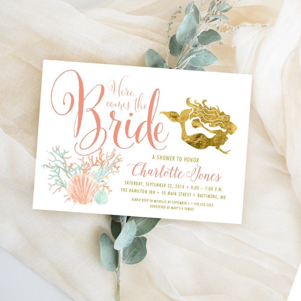 Under The Sea Mermaid Bridal Shower Invitation Here Comes Under The Sea Mermaid Bridal Shower Invitation Here Comes Bride C Faux Gold Foil Beach Glitter Glam Watercolor