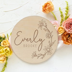 Daisy Wooden Baby Name Announcement Sign Flower Engraved Baby Name Reveal Plaque Floral Birth Announcement Newborn Photo Prop Wood image 7