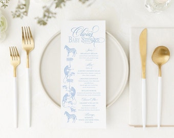 Cartes de menu pour baby shower bleu Toile Safari (fichier numérique imprimable)