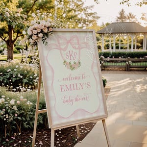 Welcome Sign for Baby Girl Shower Preppy Monogram Pink Gingham - First Birthday Party Signage Printable