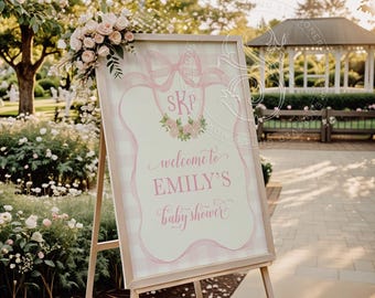 Różowy, kratkowany napis powitalny na baby shower: monogram w stylu preppy (do druku)