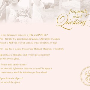 May include: A frequently asked questions page with a gold script font. The text includes questions about the difference between a JPG and PDF file, purchasing a blank file, the font used, and purchasing clip art. The page also includes a gold logo with a stylized letter S.