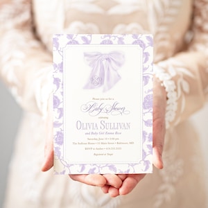 Lilac Baby Shower Invitations Girl, baby girl sprinkle, whimsical chinoiserie, grandmillenial fancy garden tea party southern sip and see