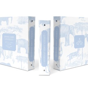 May include: Three white binders with blue accents and a light blue animal print design. The binders have a personalized name on the spine: "Lincoln James Anderson".