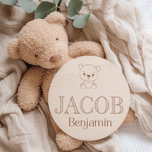 Teddy Bear Baby Boy Name Announcement Sign – Personalized Wood Birth Plaque Newborn Name Reveal Hospital Prop – Custom Baby Boy Announcement