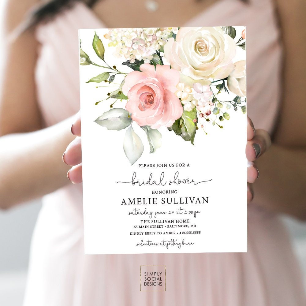 Floral Blush Pink Watercolor Flowers Bridal Shower Invitation Images