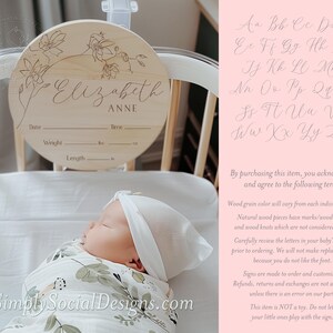 May include: A wooden baby announcement sign with a floral design and the name "Elizabeth Anne" engraved on it. The sign has spaces to record the baby's date, time, weight, length, and size.