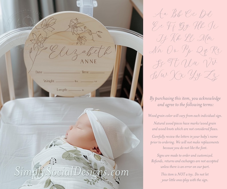 May include: A wooden baby announcement sign with a floral design and the name "Elizabeth Anne" engraved on it. The sign has spaces to record the baby's date, time, weight, length, and size.