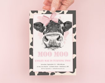 Holy Cow Invites - First Birthday Party Invitations - Girl Farm Party Invite - Girl Birthday Invitation - Cow Birthday