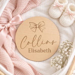 Personalized Baby Girl Name Sign, Wooden Birth Announcement, Pink Bow Newborn Name Plaque, Hospital Photo Prop, Baby Shower Gift