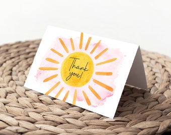 Boho Watercolor Little Sunshine Thank You Notes - Girl Birthday - First Trip Around the Sun - Girl Baby Shower