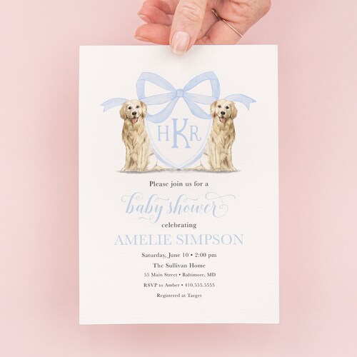 Preppy Blue Monogram Bow Baby Shower Invitation Etsy