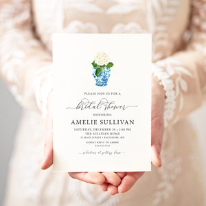 Bridal Shower Invitation - Ginger Jar Hydrangea - Chinoiserie Invitations - Blue and White - Bridesmaids Luncheon - Bridal Brunch Printable
