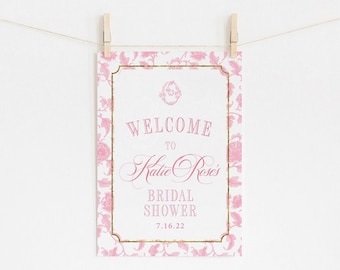 Pink Chinoiserie Welcome Sign: Monogram Bridal Shower Decor (Printable)
