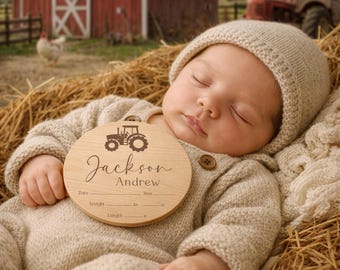 Tractor Baby Boy Name and Birth Stats Announcement Sign for Hospital