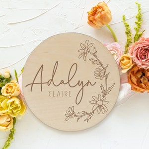 Daisy Wooden Baby Name Announcement Sign Flower Engraved Baby Name Reveal Plaque Floral Birth Announcement Newborn Photo Prop Wood image 4
