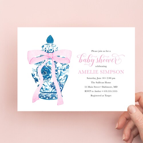 Preppy Pink Bow Ginger Jar Baby Shower Invitation Bridal Etsy