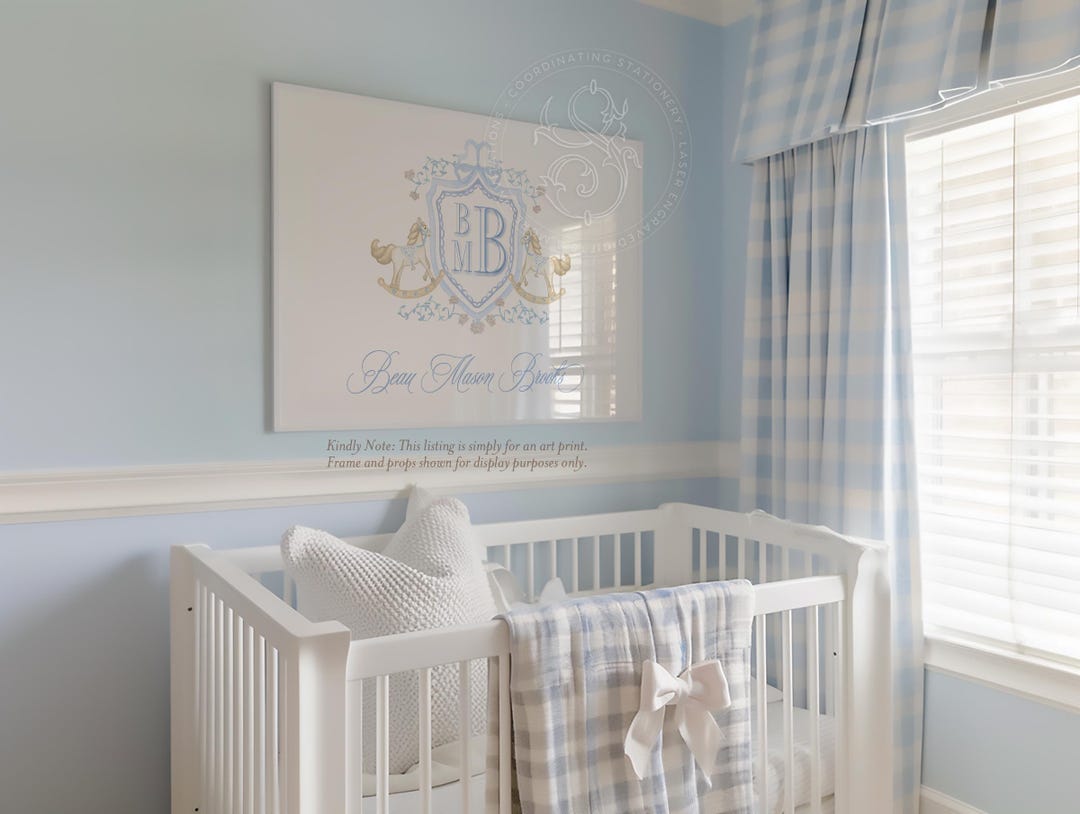Gallery Detail: Rocking Horse Nursery Print Grandmillennial Baby Boy Monogram