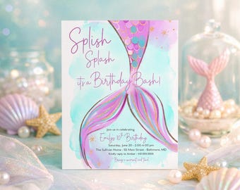 Mermaid Tail Einladungen zum Geburtstag: Unter dem Meer Party (Digitale Datei)
