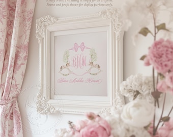 Pink Rocking Horse Crest: Elegant Nursery Wall Art for Baby Girls - Grandmillennial Print