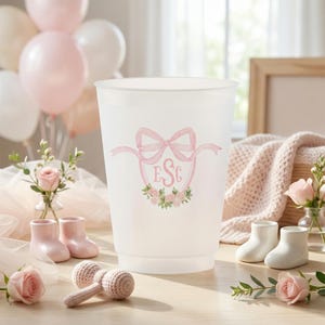 Monogrammed Party Cups with Bow: Elegant Baby Girl Shower Decor