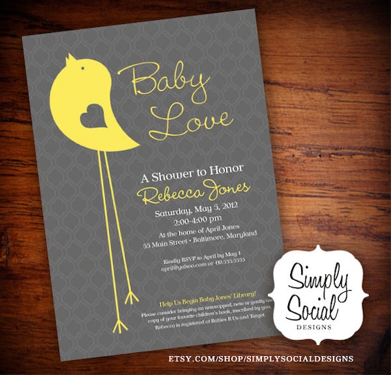 Items similar to Little Bird Baby Shower Invitation Yellow and Grey