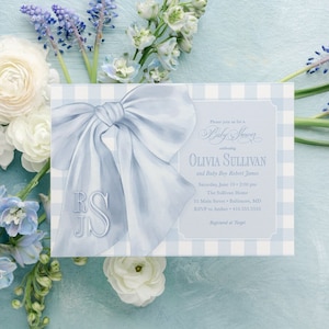 Baby Blue Gingham Boy Shower Invitations - Boy Baby Sprinkle - Classic Invite - Blue Monogram Bow - Traditional Boy Sip and See Baby Brunch