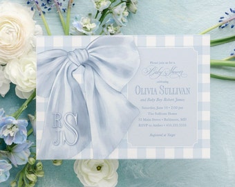 Faire-part de baby shower bleu vichy : monogramme classique avec nœud (fichier numérique)