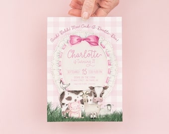 Pink Farm Birthday Invitation: Gingham Barnyard Party