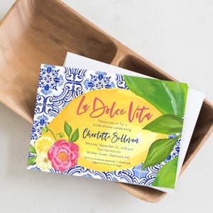 La Dolce Vita - Tuscan Lemon and Fuschia Floral Bridal Shower Invitation - Portuguese Blue Tile and Lemon Bridal Shower Invitation Printable