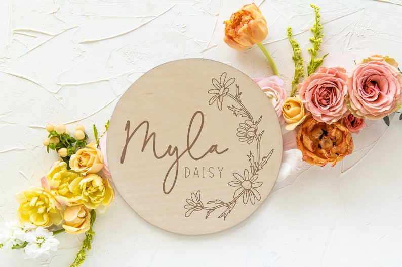 Daisy Wooden Baby Name Announcement Sign Flower Engraved Baby Name Reveal Plaque Floral Birth Announcement Newborn Photo Prop Wood image 6