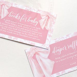 Sorteo de pañales y libros para bebé. Tarjetas imprimibles con lazo rosa y estampado chinoiserie. Baby Shower para niña.