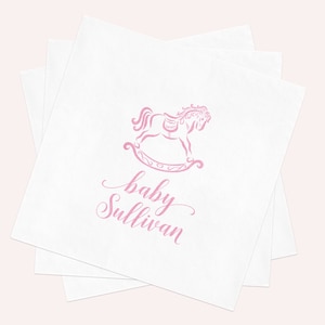 Pink Rocking Horse Baby Shower Paper Napkins Personalized for Baby Girl Sprinkle - Custom Cocktail Napkin