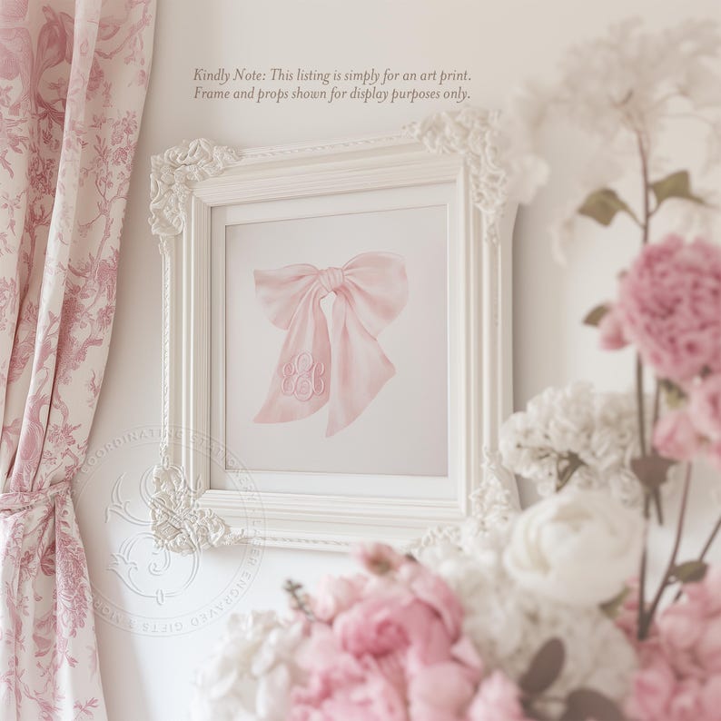 Pink Bow Monogram Wall Art: Nursery Decor Print image 1