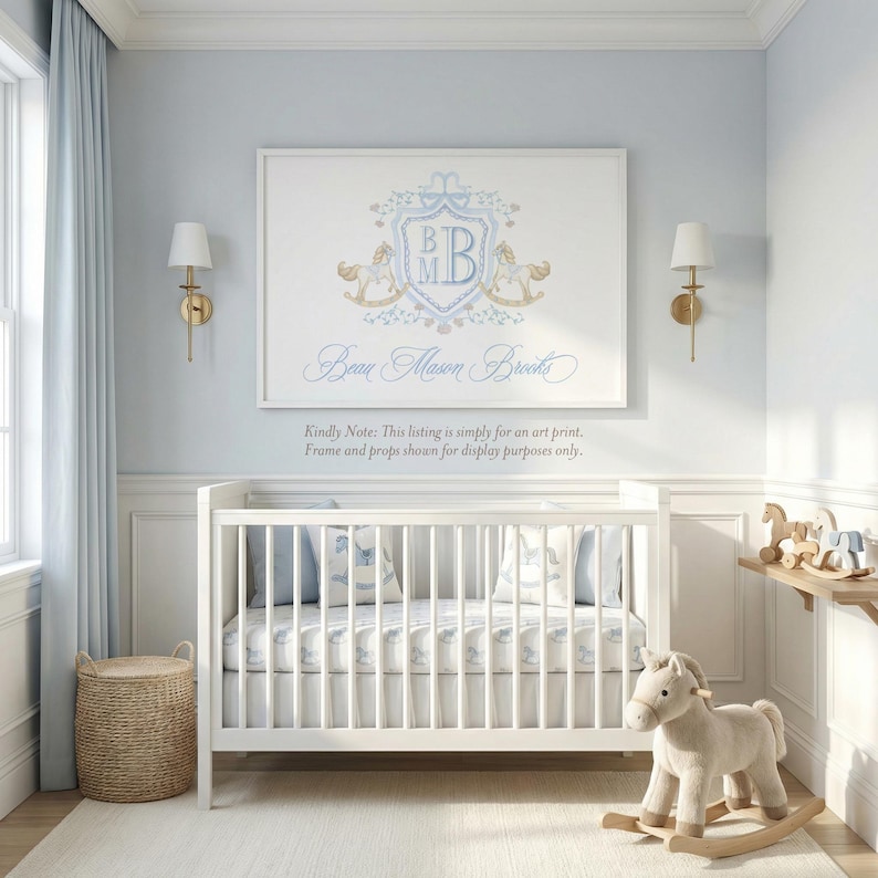 Rocking Horse Nursery Print | Grandmillennial Baby Boy Monogram image 1