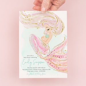 Mermaid Baby Shower Invitation Girl - Under the Sea Baby Shower Invitation - Pastel Mermaid Theme Baby Shower Invite - Mermaid Printed