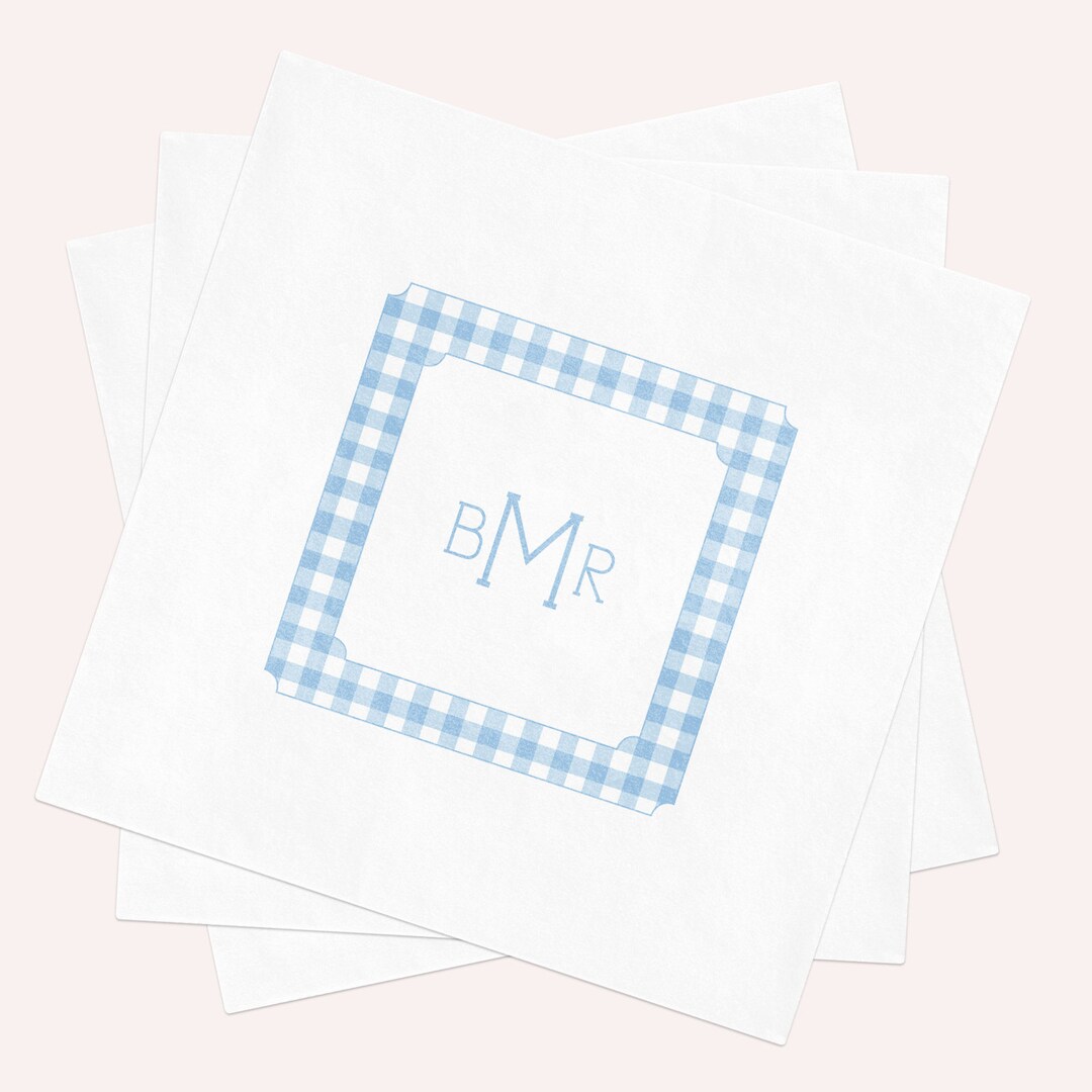 Custom Napkins for Boy Baby Shower Blue Gingham Paper Napkins Monogram