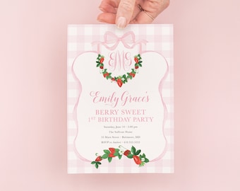 Berry Sweet First Birthday Invitation - Preppy Pink Monogram - Strawberry Watercolor Crest - Gingham Bow Party - Berry First Birthday