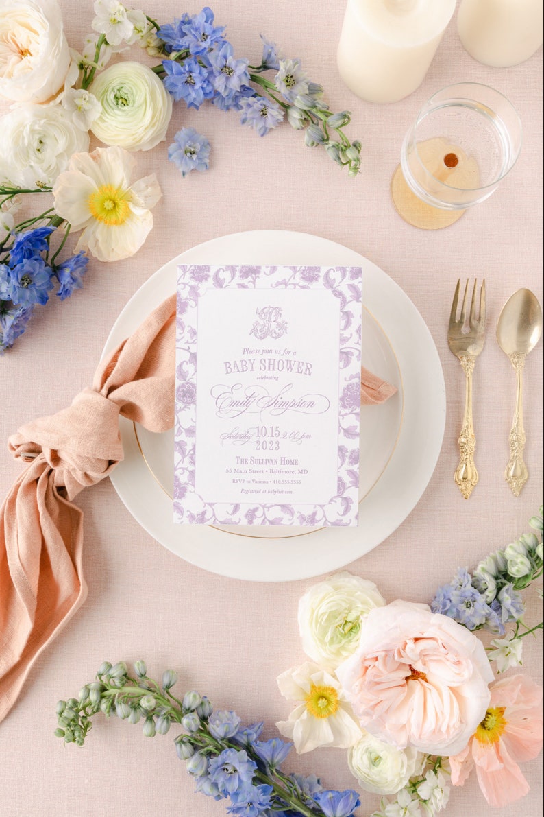 Purple Baby Girl Shower Invitations Lilac Chinoiserie Baby Etsy