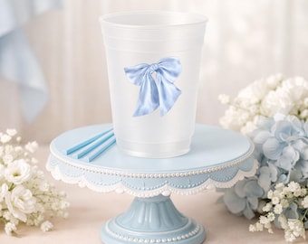 Blue Bow Party Cups: Frosted Baby Shower Cups (16oz)