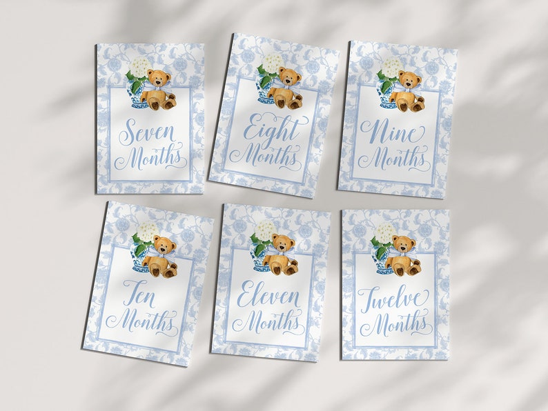 Boy Milestone Cards Printable Teddy Bear Ginger Jar Toile Blue Chinoiserie Baby Month Cards Keepsake Memories Classic Baby Boy image 9