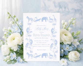Safari Animals Baby Shower Invitation: Classic Blue Toile