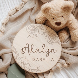 Baby Announcement Sign with Rose, Baby Name Sign for Hospital, Pregnancy Reveal, Personalized Wooden Birth Announcement, Maternity Prop