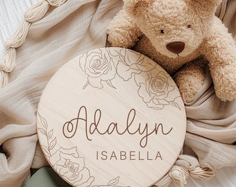 Baby Announcement Sign with Rose, Baby Name Sign for Hospital, Pregnancy Reveal, Personalized Wooden Birth Announcement, Maternity Prop