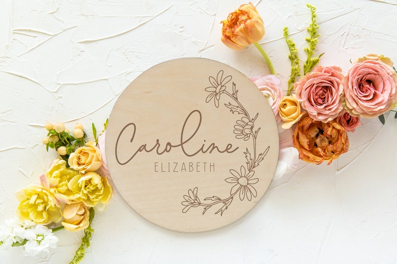 Daisy Wooden Baby Name Announcement Sign Flower Engraved Baby Name Reveal Plaque Floral Birth Announcement Newborn Photo Prop Wood image 9