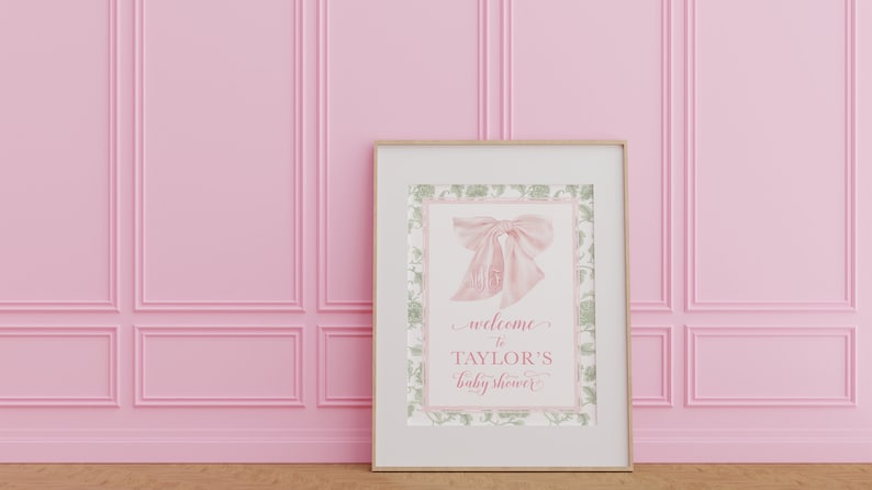 Sage Green and Pink Chinoiserie Baby Shower Welcome Sign image 1